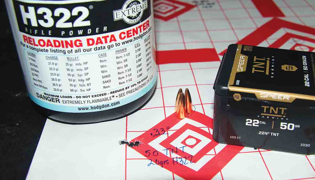Speer’s 50-grain TNT produced its best group when seated over 20 grains of Hodgdon H-322. That group measured .33 inch, center-to-center, and clocked 2,994 fps.